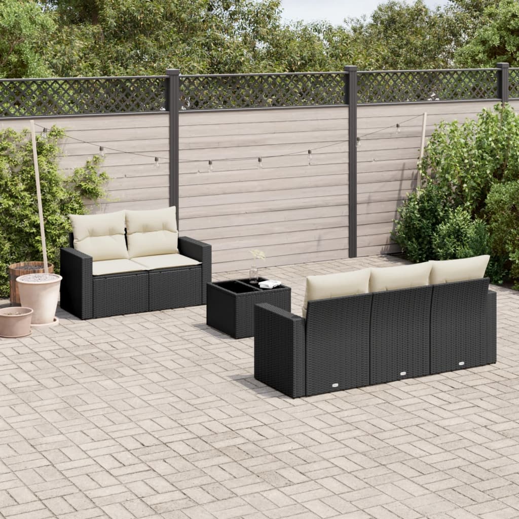 6-delige Loungeset met kussens poly rattan zwart