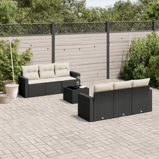 7-delige Loungeset met kussens poly rattan zwart