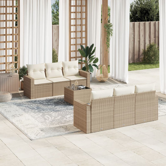 7-delige Loungeset met kussens poly rattan beige