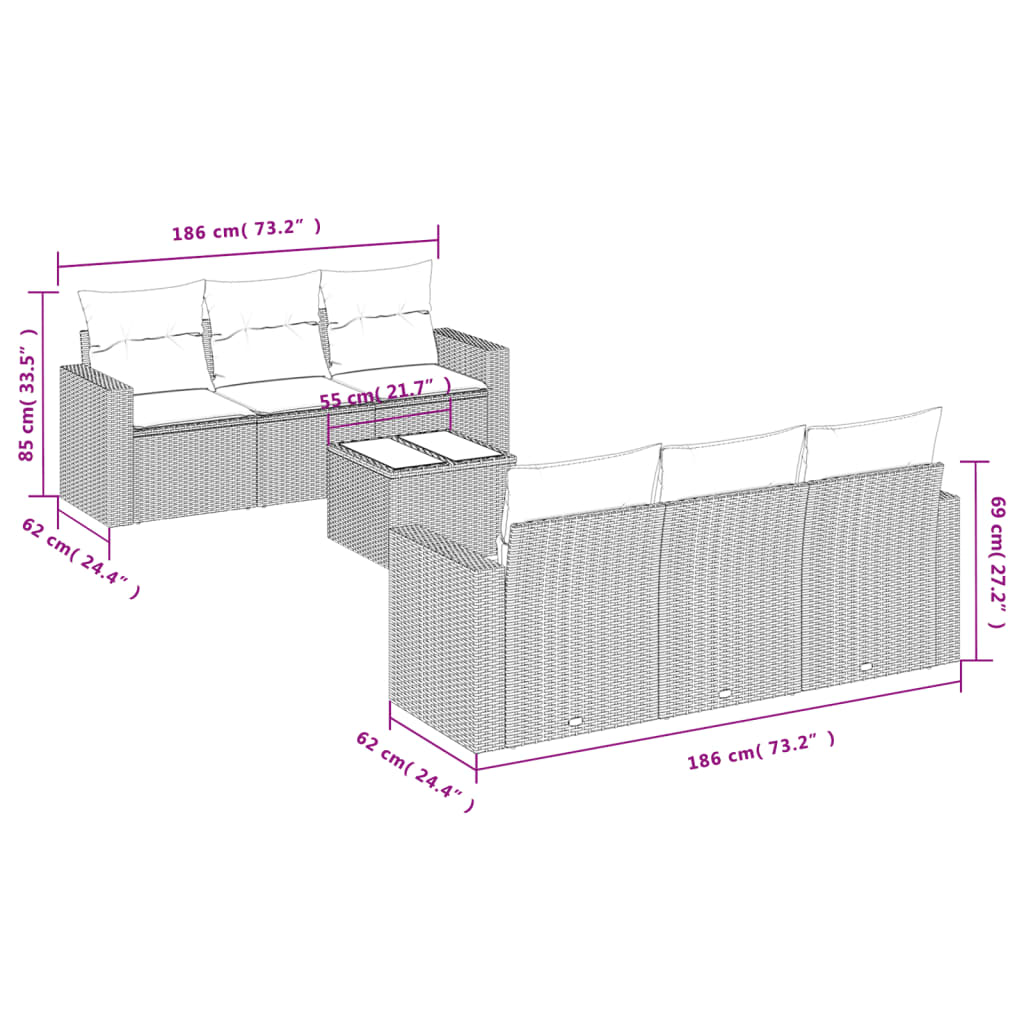 7-delige Loungeset met kussens poly rattan beige