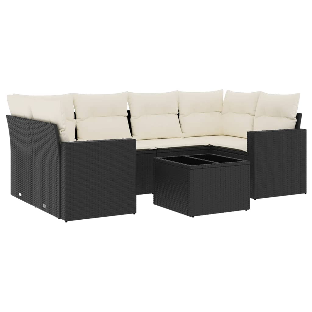 7-delige Loungeset met kussens poly rattan zwart