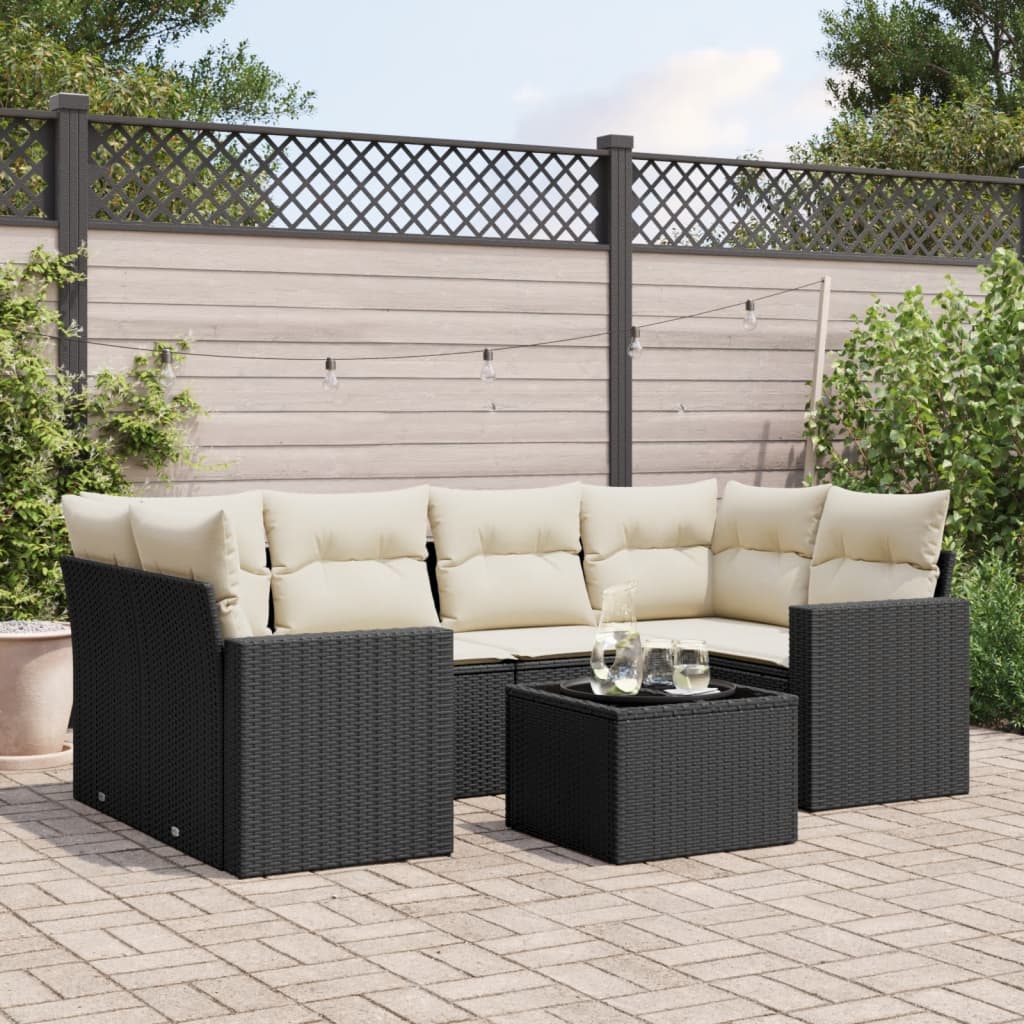 7-delige Loungeset met kussens poly rattan zwart