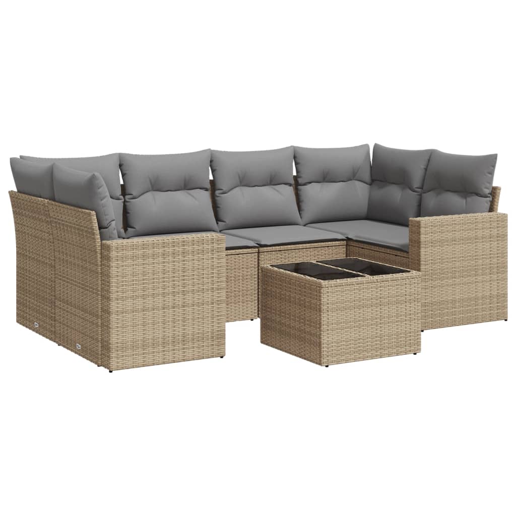 7-delige Loungeset met kussens poly rattan beige