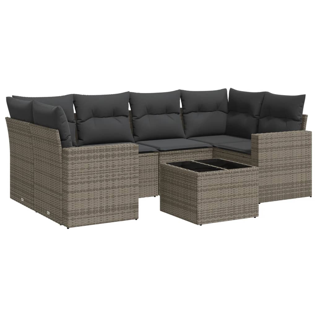 7-delige Loungeset met kussens poly rattan grijs