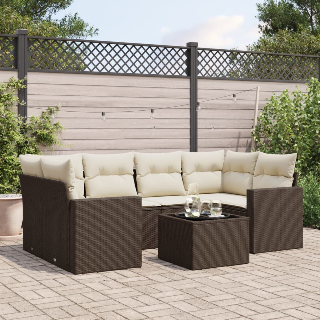 7-delige Loungeset met kussens poly rattan bruin