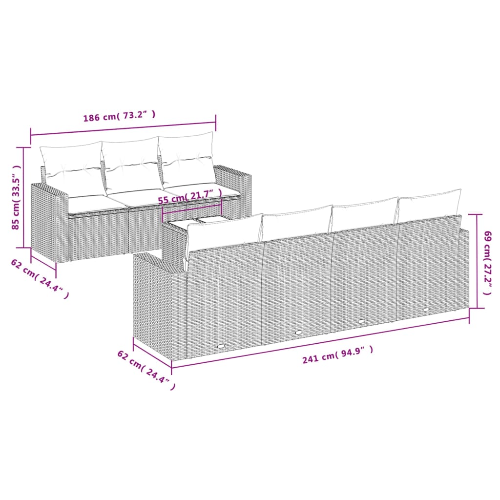 8-delige Loungeset met kussens poly rattan bruin