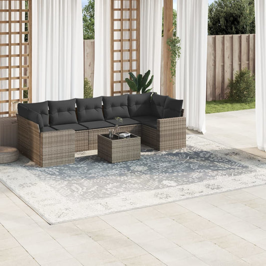 8-delige Loungeset met kussens poly rattan grijs