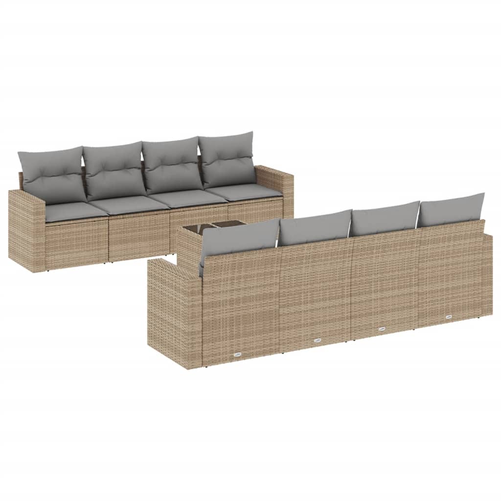 9-delige Loungeset met kussens poly rattan beige