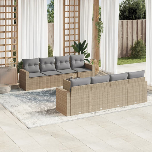 9-delige Loungeset met kussens poly rattan beige