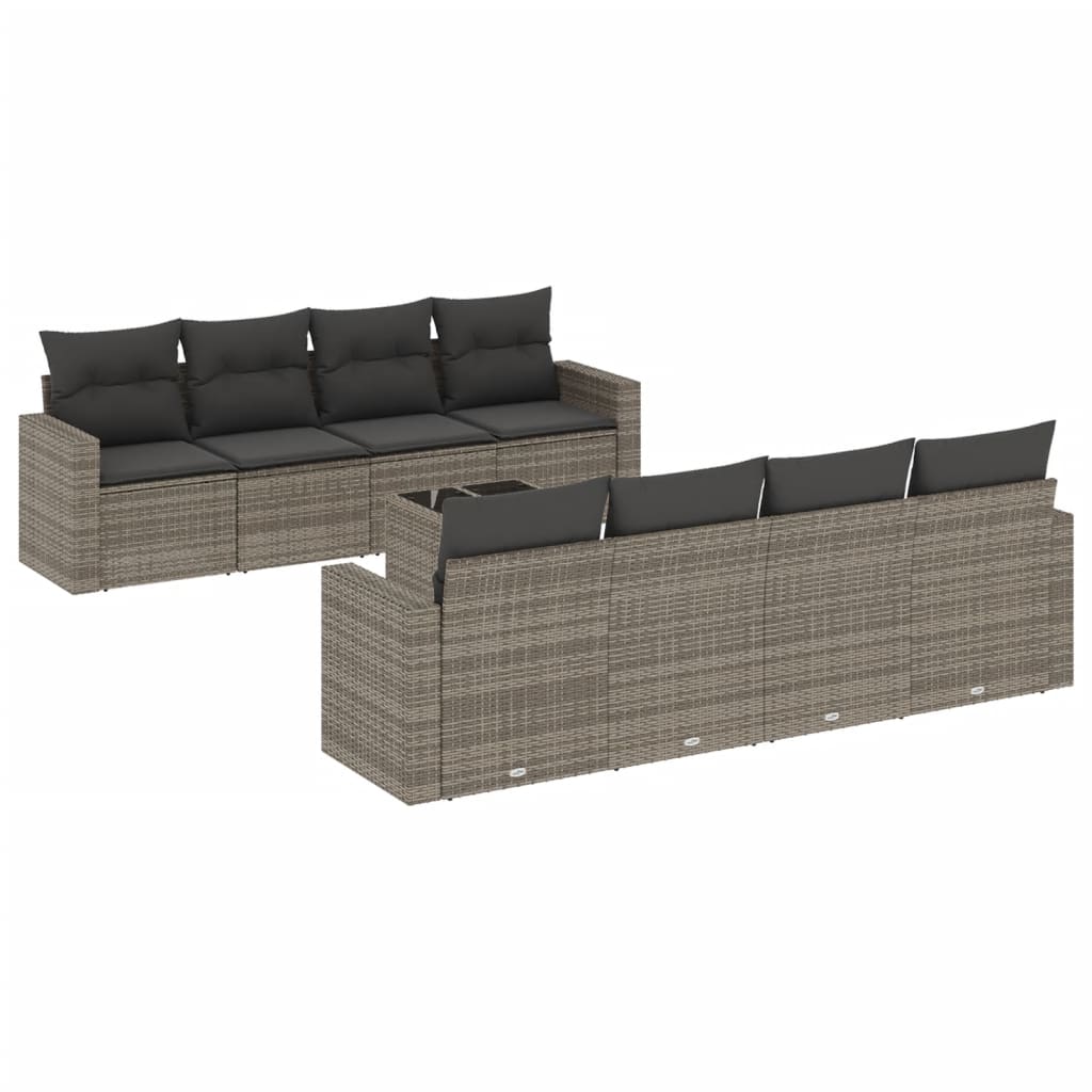 9-delige Loungeset met kussens poly rattan grijs