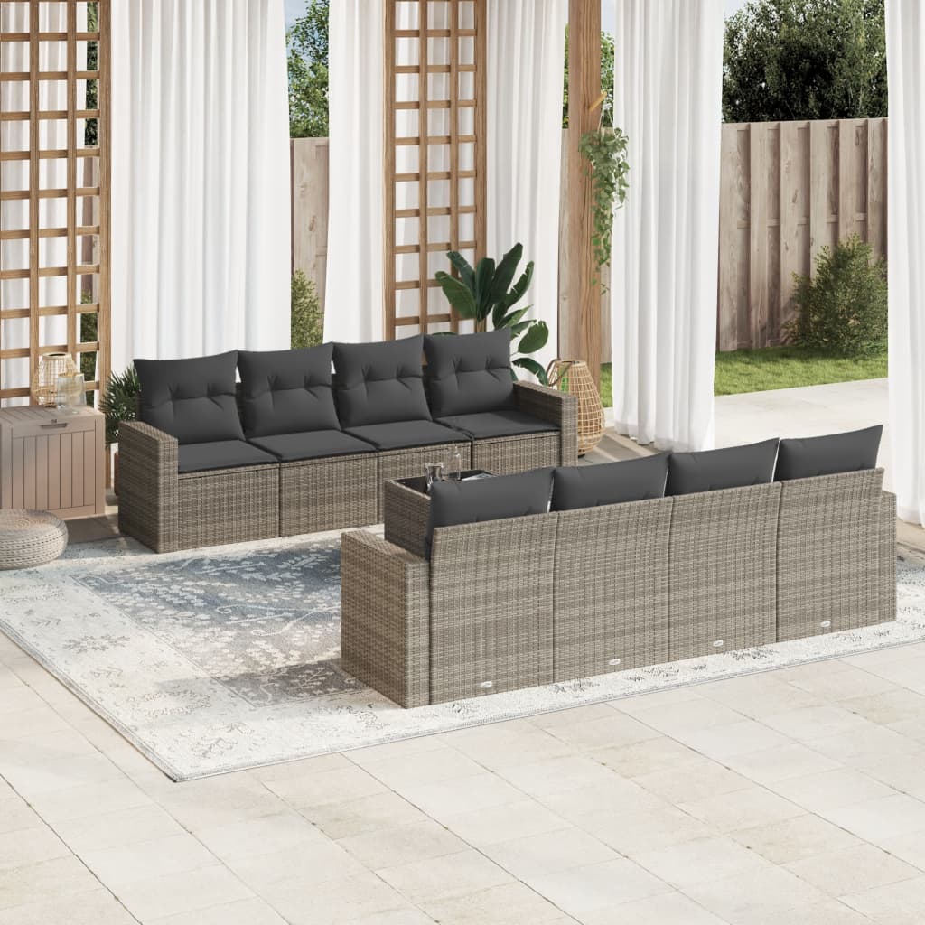 9-delige Loungeset met kussens poly rattan grijs