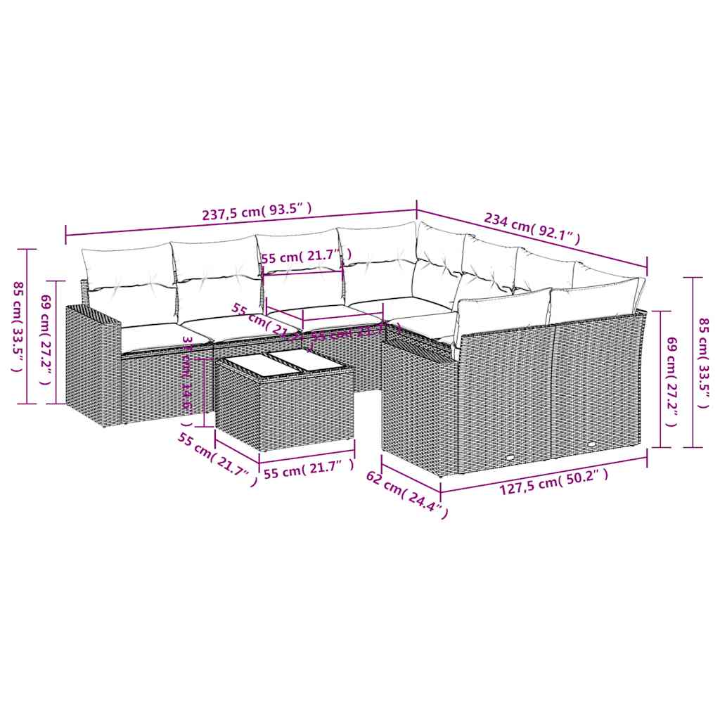 9-delige Loungeset met kussens poly rattan beige