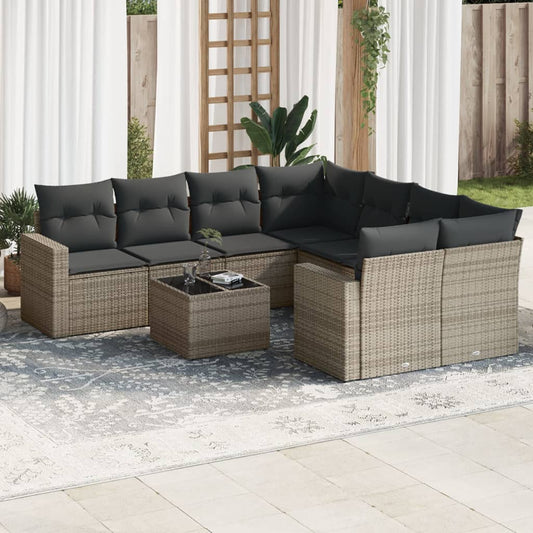 9-delige Loungeset met kussens poly rattan grijs