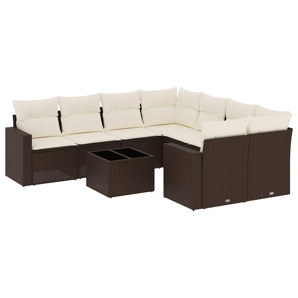 9-delige Loungeset met kussens poly rattan bruin