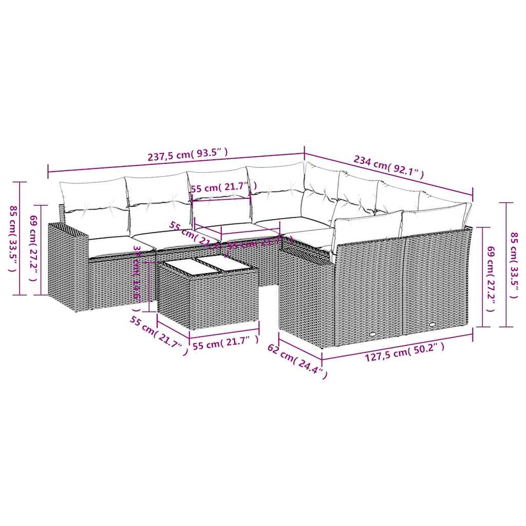 9-delige Loungeset met kussens poly rattan bruin