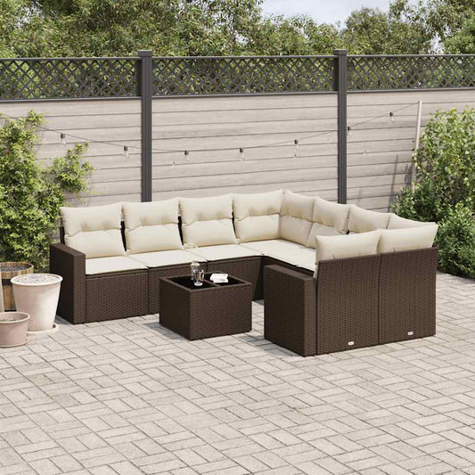 9-delige Loungeset met kussens poly rattan bruin