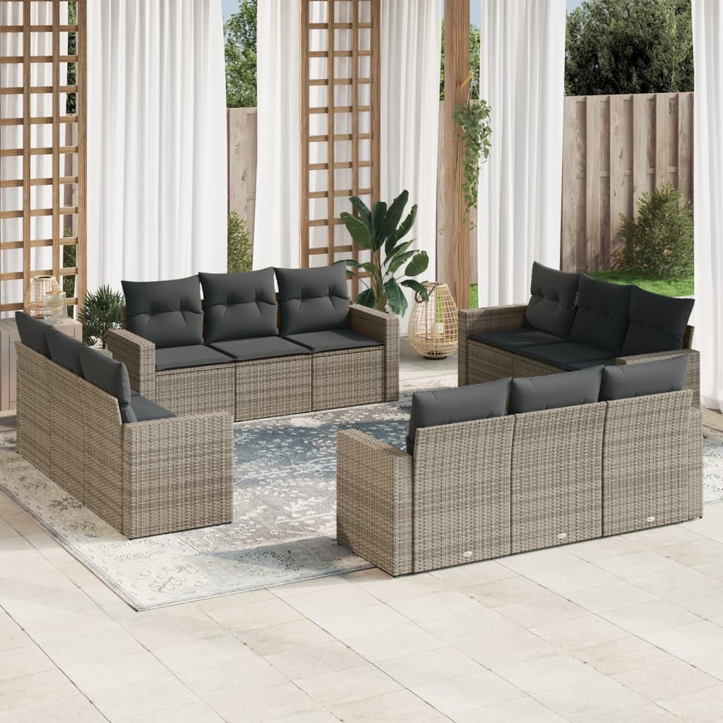 12-delige Loungeset met kussens poly rattan grijs