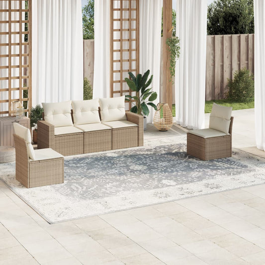 5-delige Loungeset met kussens poly rattan beige