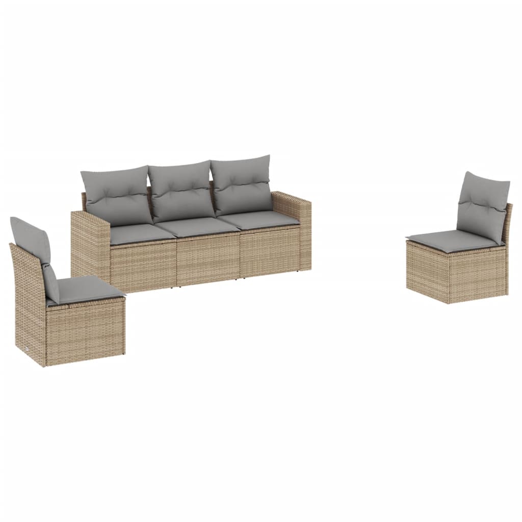 5-delige Loungeset met kussens poly rattan beige