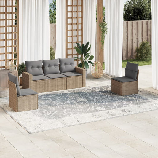 5-delige Loungeset met kussens poly rattan beige