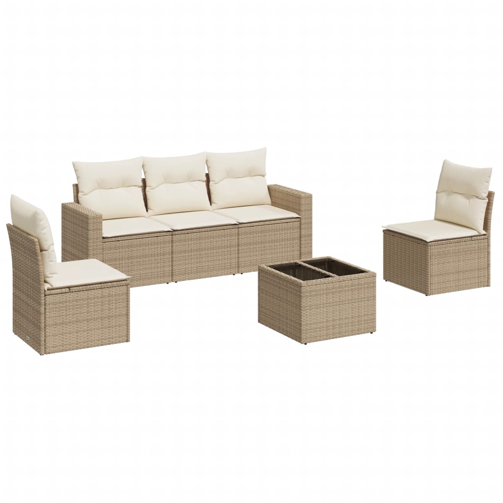 6-delige Loungeset met kussens poly rattan beige