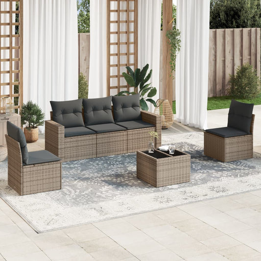 6-delige Loungeset met kussens poly rattan grijs