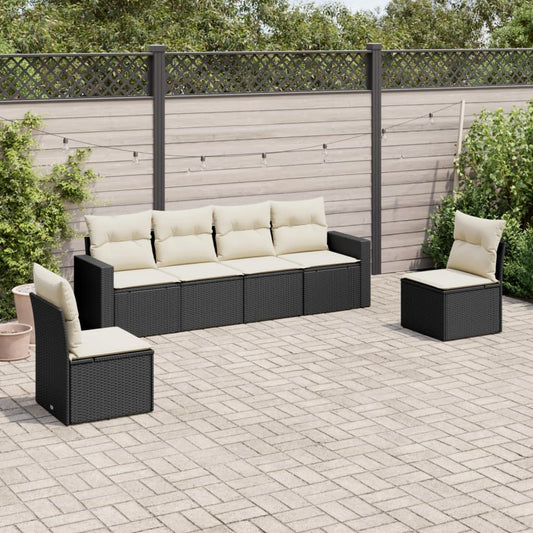 6-delige Loungeset met kussens poly rattan zwart