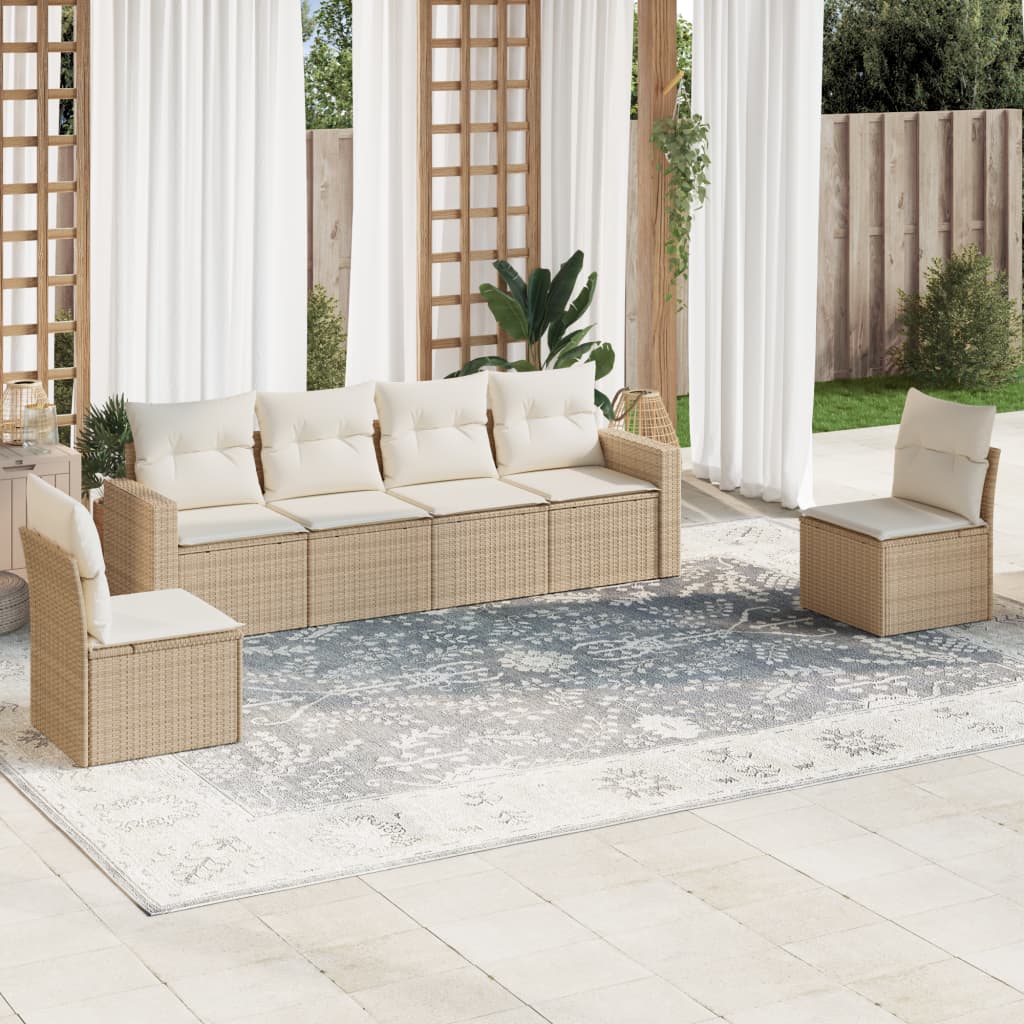 6-delige Loungeset met kussens poly rattan beige