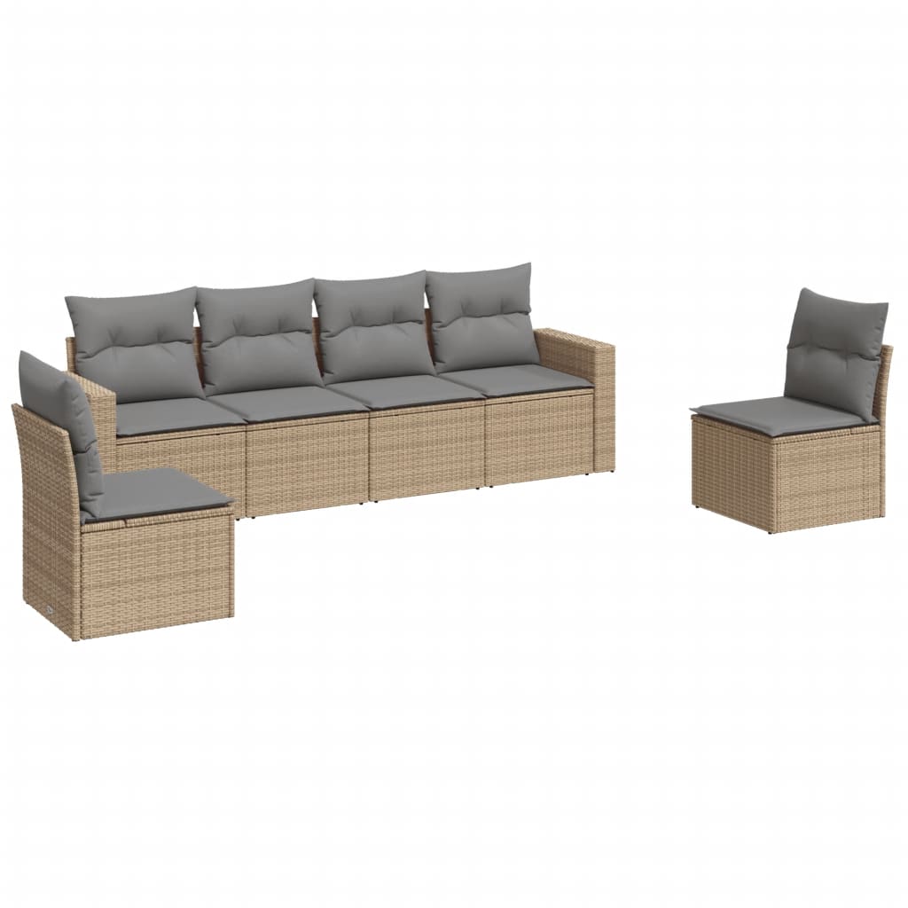 6-delige Loungeset met kussens poly rattan beige