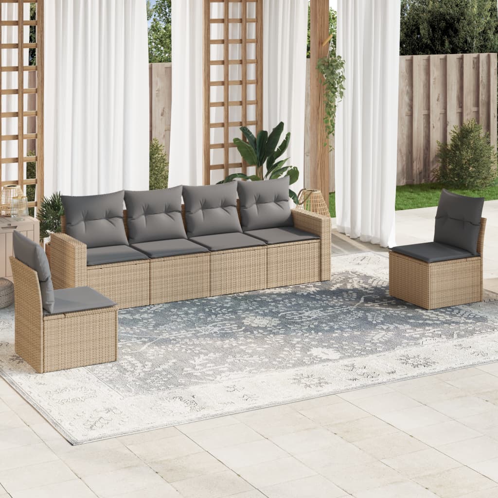 6-delige Loungeset met kussens poly rattan beige