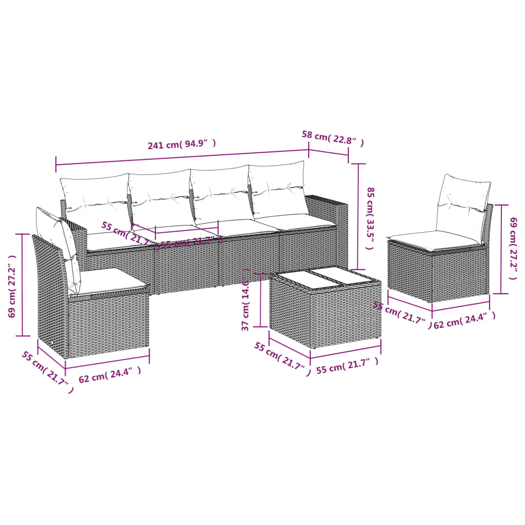 7-delige Loungeset met kussens poly rattan zwart Modulaire tuinbanken | Creëer jouw Trendy Thuis | Gratis bezorgd & Retour | Trendy.nl