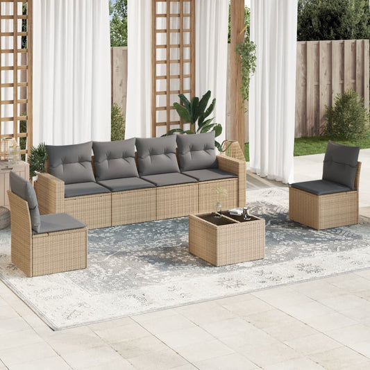 7-delige Loungeset met kussens poly rattan beige