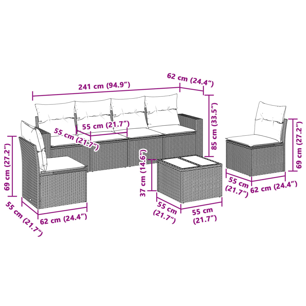 7-delige Loungeset met kussens poly rattan lichtgrijs Modulaire tuinbanken | Creëer jouw Trendy Thuis | Gratis bezorgd & Retour | Trendy.nl