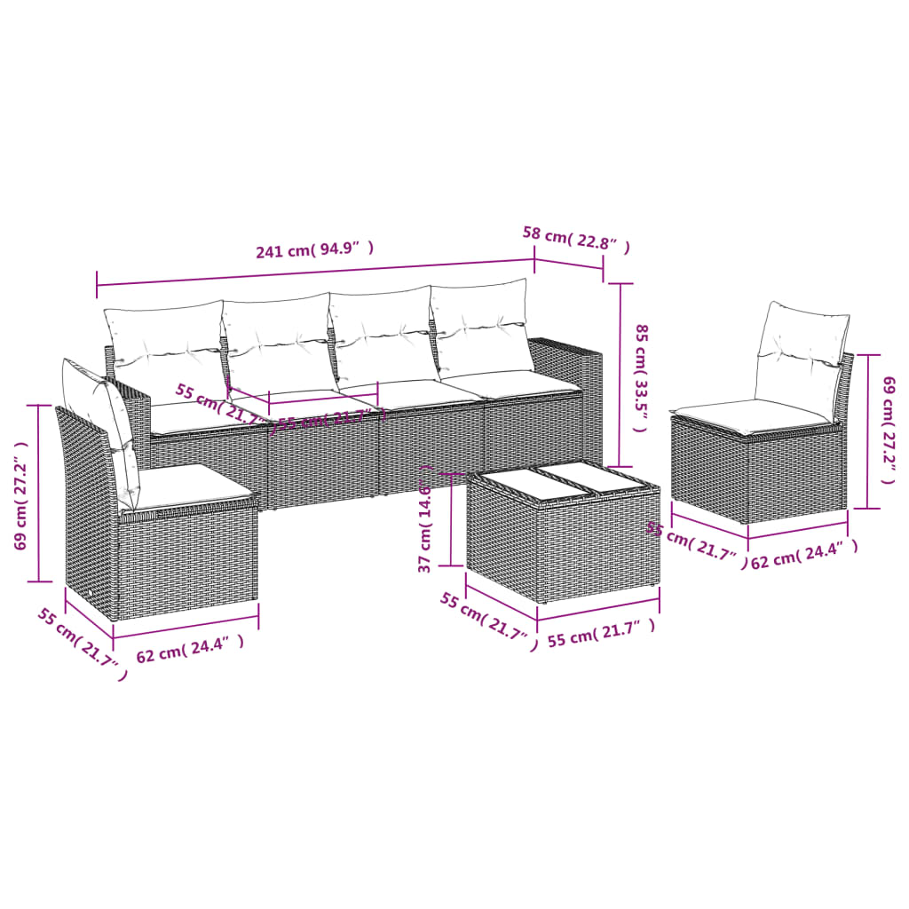 7-delige Loungeset met kussens poly rattan bruin