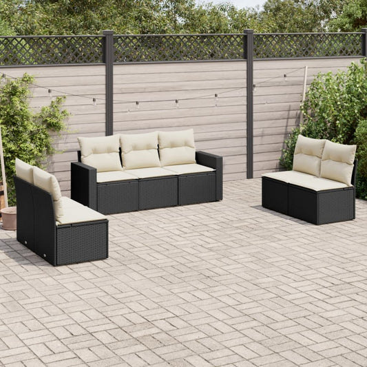 7-delige Loungeset met kussens poly rattan zwart