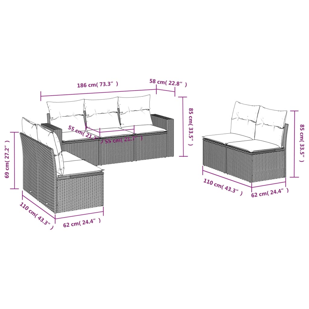 7-delige Loungeset met kussens poly rattan beige