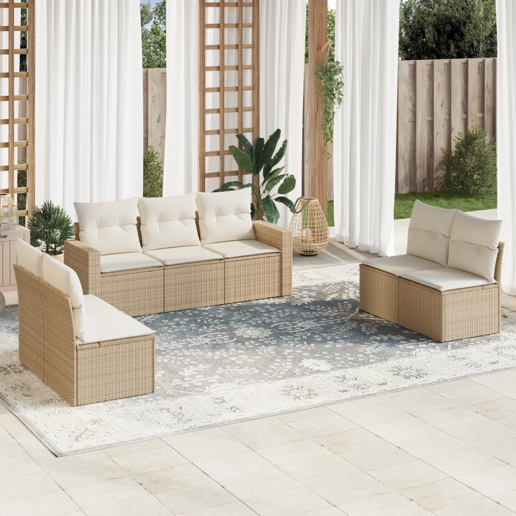 7-delige Loungeset met kussens poly rattan beige