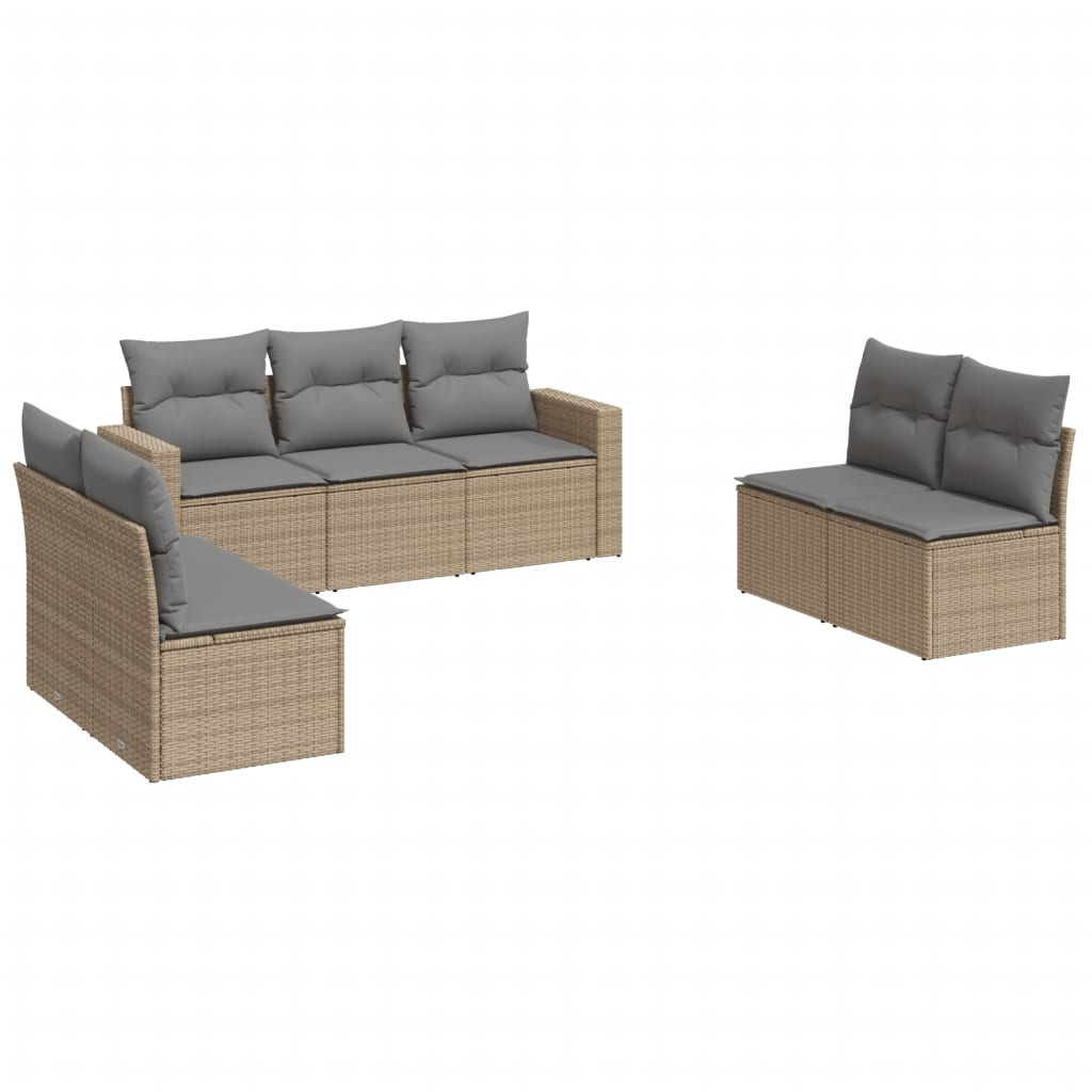 7-delige Loungeset met kussens poly rattan beige