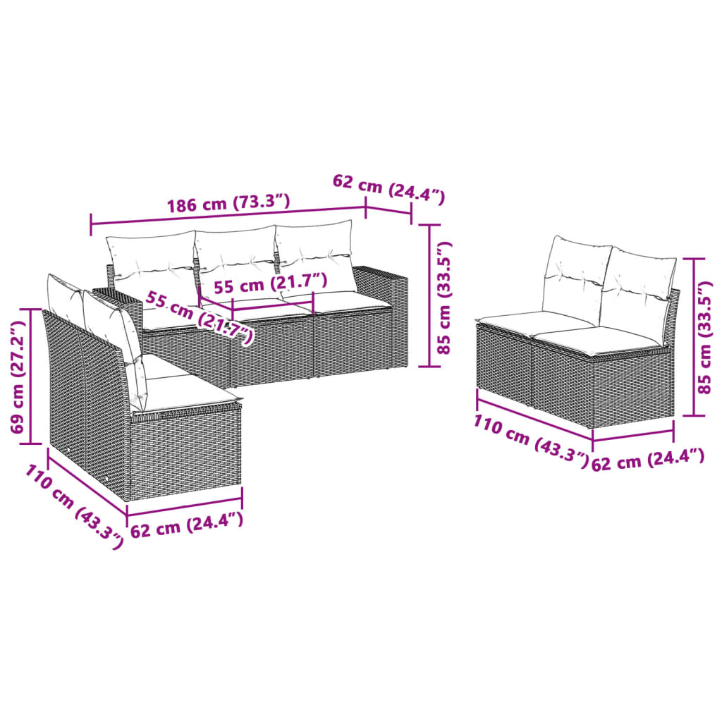 7-delige Loungeset met kussens poly rattan lichtgrijs Modulaire tuinbanken | Creëer jouw Trendy Thuis | Gratis bezorgd & Retour | Trendy.nl