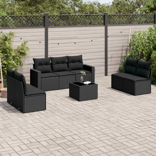 8-delige Loungeset met kussens poly rattan zwart