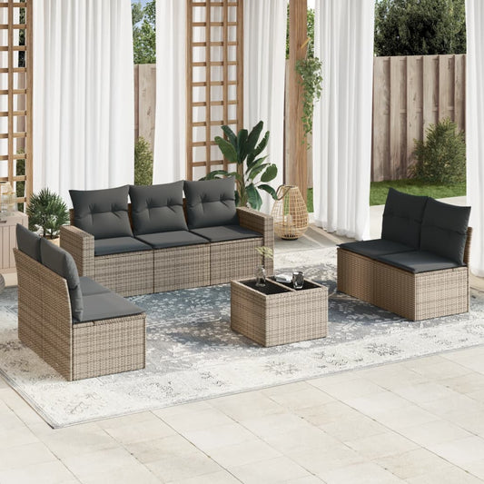 8-delige Loungeset met kussens poly rattan grijs