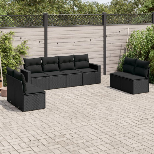 8-delige Loungeset met kussens poly rattan zwart