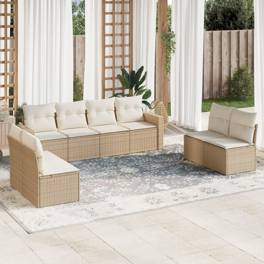 8-delige Loungeset met kussens poly rattan beige