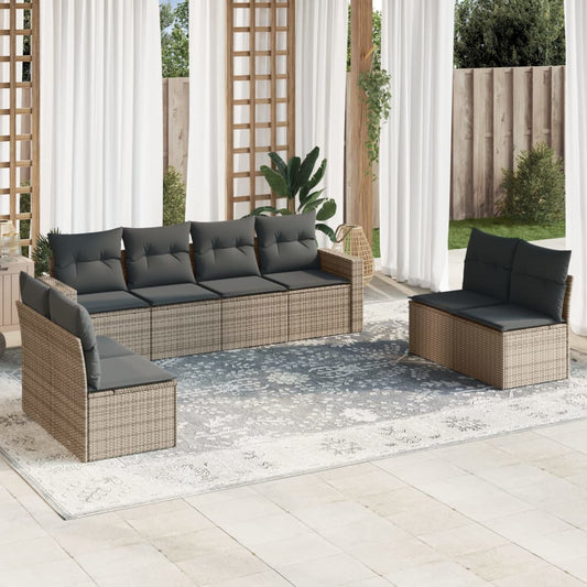 8-delige Loungeset met kussens poly rattan grijs