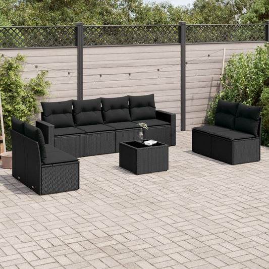 9-delige Loungeset met kussens poly rattan zwart