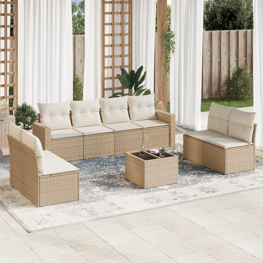 9-delige Loungeset met kussens poly rattan beige