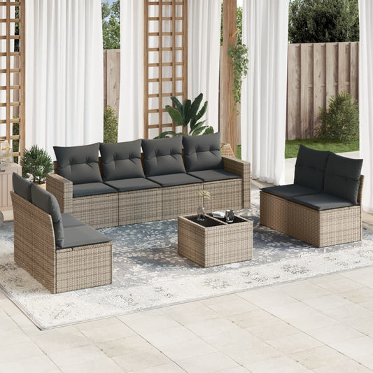 9-delige Loungeset met kussens poly rattan grijs