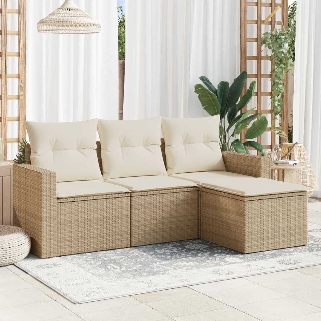 4-delige Loungeset met kussens poly rattan beige