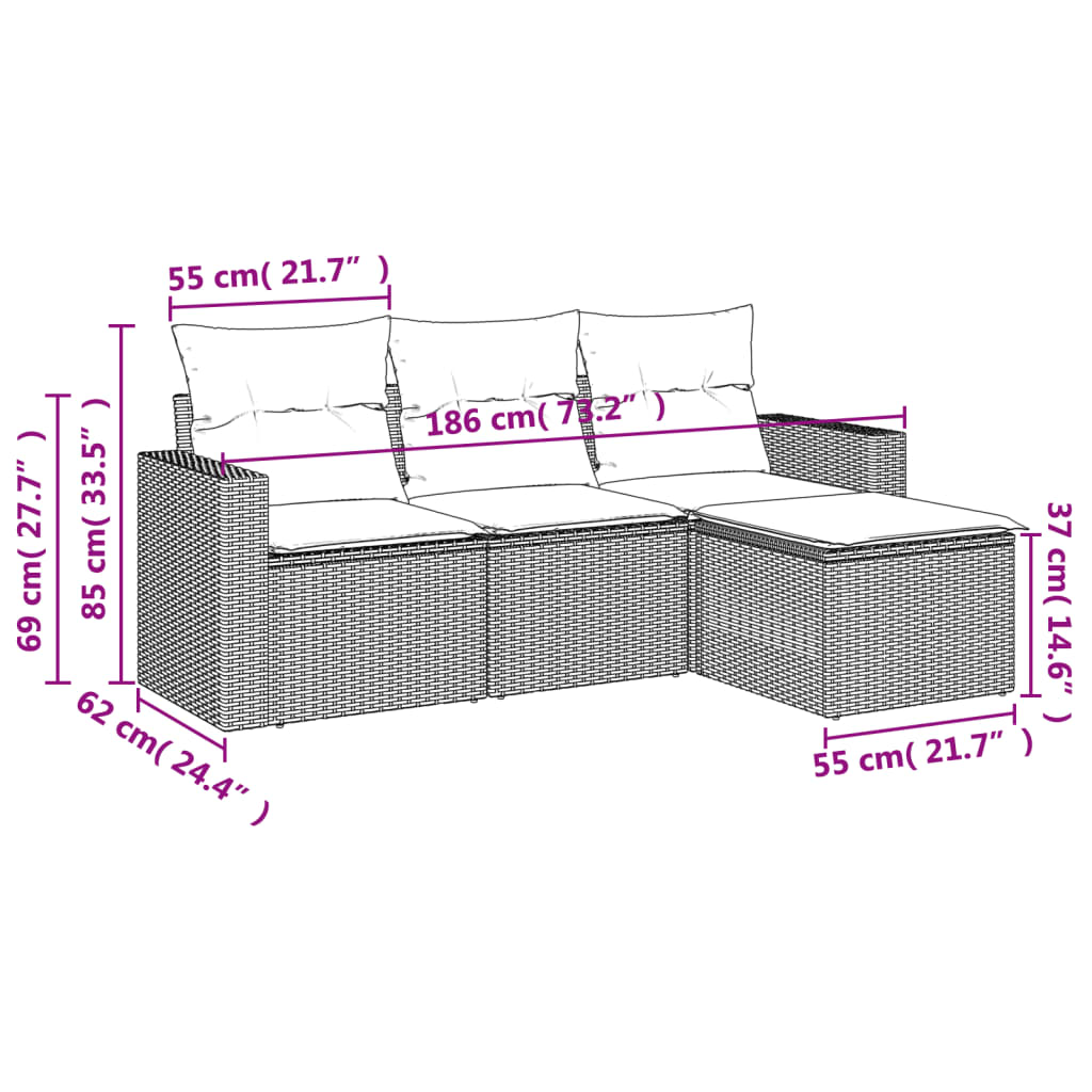 4-delige Loungeset met kussens poly rattan grijs