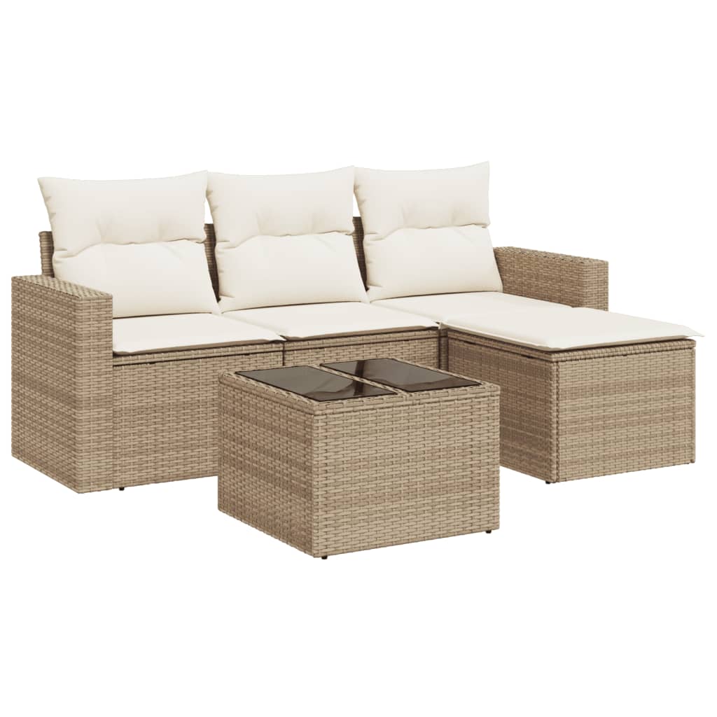 5-delige Loungeset met kussens poly rattan beige